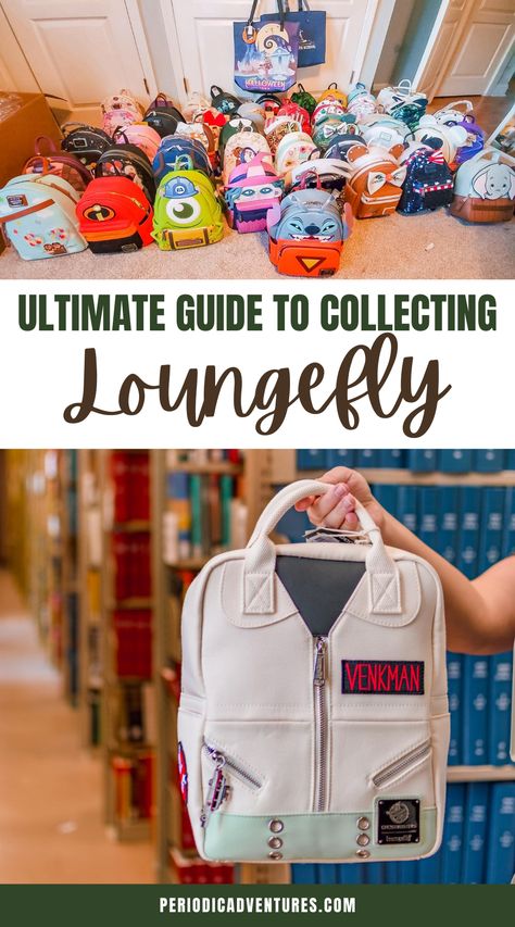 Disney Parks Loungefly Backpack, Loungefly Bag Storage, Disney Backpack Outfit, Mini Backpack Storage Ideas, Loungefly Disney Backpack Collection, How To Display Loungefly Backpacks, Rare Loungefly Bags, Display Loungefly Backpacks, Lounge Fly Backpack Display