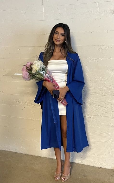 Blue Graduation Outfit, Graduation Cap And Gown Outfit, Blue Cap And Gown Graduation Outfit, Cap And Gown Outfit, Blue Cap And Gown, Blue Graduation Gown, Blue Graduation Cap, Graduation Outfit Ideas, Grad Outfits