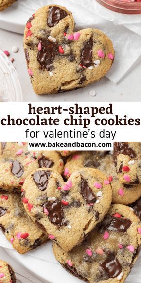 These heart-shaped chocolate chip cookies are perfect for valentines day! No chill time is required, so they're easy to make in under 30 minutes! Chocolate Chip Cookies Heart Shaped, Chocolate Chip Heart Cookies, Heart Shaped Brownies Valentines, Chocolate Chip Cookies Valentines Day, How To Make Heart Shaped Cookies, Valentine Baking For Kids, Valentine’s Day Chocolate Chip Cookies, Valentine’s Day Bake Sale Ideas, How To Make Heart Cookies