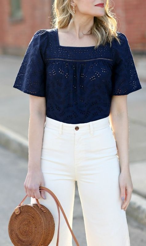 Eyelet Top Outfit, Navy Blue Shirt Outfit, Blue Tshirt Outfit, Blue Blouse Outfit, Lace Shirt Outfit, Blue Top Outfit, White Tops Outfit, Blue And White Outfits, Blouse Outfit Casual