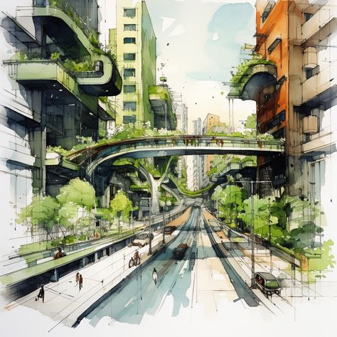 Urban Design Aesthetic, Green Urban Aesthetic, Green Spaces In Cities, Sustainable City Drawing, Sustainable Urban Planning, Eco City Design, Urban Planning Aesthetic, Future Cities Drawing, Green City Drawing