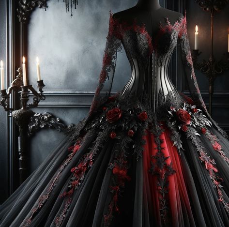 Black Red Wedding Dress, Black And Red Wedding Dress, Red Gothic Wedding Dress, Vampire Wedding Dress, Dark Red Wedding Dress, Red Gothic Wedding, Dark Romantic Aesthetic, Red Gothic Dress, Black And Red Wedding