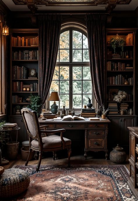 Boho Witchy Bedroom Wizard Study Room, Witchy Workspace, Fantasy Study Room, Witchy Home Aesthetic, Whimsigoth Office, Witchy Desk, Boho Witchy Bedroom, Witchy Office, Witchy Space