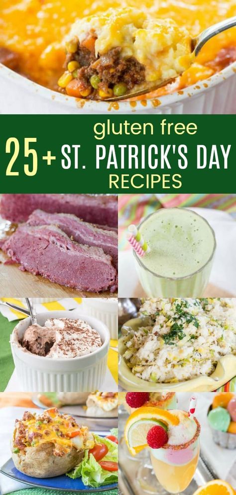 Gluten Free St. Patrick's Day Recipes - dinners, sides, drinks, snacks, and desserts to celebrate St. Patrick's Day with classics like Shepherd's Pie and Corned Beef, Irish Cream and rainbow treats, and creative new ideas! St Pattys Dinner, St Patricks Food, Gluten Free Dinners, St Patrick Day Snacks, St Patrick's Day Recipes, Healthy Bedtime Snacks, Dairy Free Treats, Snacks And Desserts, Healthy Protein Snacks