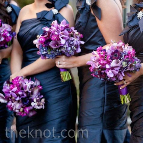 Emily's bridesmaids wore midnight-blue one-shoulder gowns with floral embellishments. Plum Gold Wedding, Charcoal Grey Bridesmaid Dresses, Midnight Blue Bridesmaid Dresses, Purple Bouquets, Gold Wedding Colors, Purple Wedding Bouquets, Wedding Colors Purple, Blue Wedding Bouquet, Gold Bridesmaid Dresses