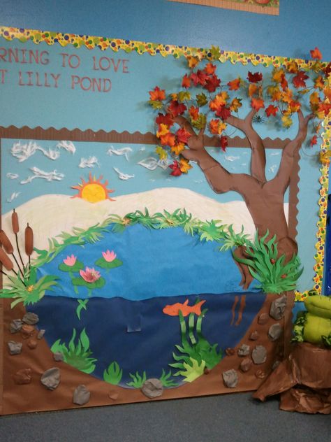 pond bulletin boards - Google Search Pond Life Theme, November Bulletin Boards, Science Bulletin Boards, Decoration Creche, Lilly Pond, Spring Bulletin, School Board Decoration, Preschool Bulletin, Frog Theme