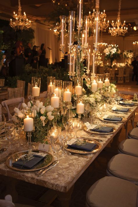 Candelabra and pillar candles on crystal stands filled the table along with tulips. Wedding Ideas Gold Elegant, Inside Wedding Decorations Receptions, Southern Wedding Tablescape, Elegant Gold Wedding Decor, Long Table Floral Decor, Wedding By Candlelight, Dream Wedding Inspiration, White Neutral Wedding Decor, Romantic Green Wedding