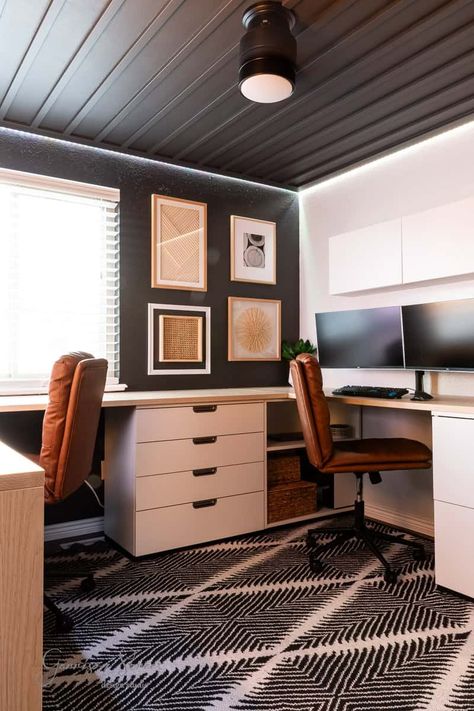 DIY Small Home Office for Two an IKEA Desk Hack | ©GarrisonStreetDesignStudio | DIY | Desk | Small Home Office | For Two | IKEA Desk Hack | IKEA Galant | IKEA Office | Dual Home Office | Small | 10x10 | U Shaped | Two Person Desk | With Storage | His & Hers | Black and White | Wood | Double Office Ideas Layout | Dual Office Ideas Home | Double Home Office | Double Work Station| Home Office | Setup | Office for Two People | Setup | Floor Plan | Design | IKEA Desk DIY | IKEA Office Hack Home Office For Two People Ikea, L Shaped Double Desk, Small Office With 2 Desks Ideas, Small Office With Two Desks Layout, 2 Person Home Office Desks, Small Office For Two People Layout, Double Desk Office Ideas, Home Office With 2 Monitors, Home Office For Two People Layout