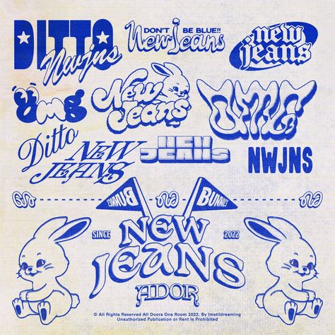 Newjeans Tattoo Ideas, Newjeans Tattoo, Bunnies Newjeans, Nwjns Icon, Y2k Posters, Desain Buklet, 타이포그래피 포스터 디자인, 카드 디자인, Blue Poster