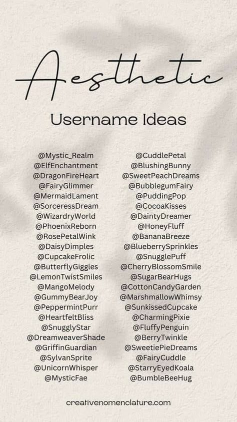 675+ Aesthetic Usernames Ideas - Creative Nomenclature Aesthetic Poetry Usernames, New Names For Insta Id, Instagram User Id Name Ideas, Journal Username Ideas, Names To Use On Instagram, Cute Id Names For Instagram, Earthy Instagram Usernames, Best Insta Id Names, Unique Username For Insta