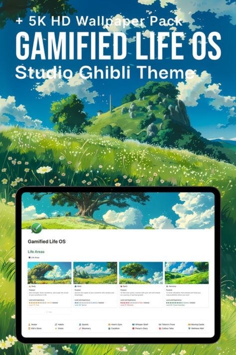 #Miyagi #Studio_Ghibli_Theme #Gamify_Your_Life #Productivity_System Ghibli Notion Template, Studio Ghibli Notion, Studio Ghibli Theme, Gamify Your Life, Notion Template For Work, Productivity System, Notion Template, Miyagi, Daily Planner Template