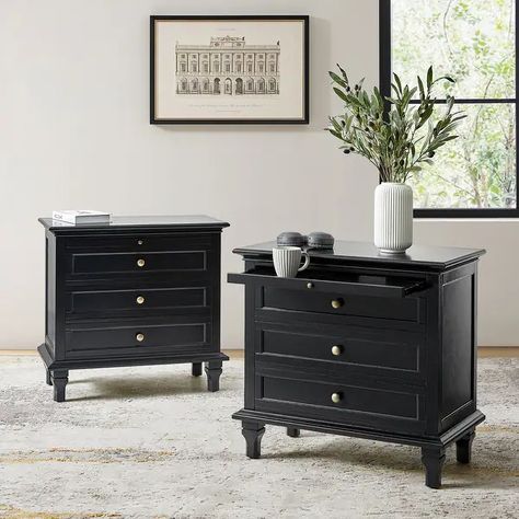 Muriel Farmhouse Style 3 - Drawer Nightstand with Built-In Outlets Set of 2 by HULALA HOME - On Sale - Bed Bath & Beyond - 39210285 Cheap Bedside Tables, Charging Station Drawer, Traditional Nightstand, Side Bed Table, Black Nightstands, House Entryway, Farmhouse Nightstand, Nightstand Dresser, Side Bed