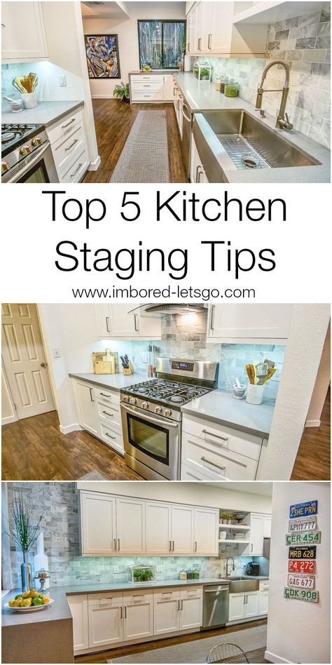 Top 5 Tips for Staging Your Kitchen to Sell.  Follow these tips and you'll be well on your way to SOLD! Staging A Kitchen, Kitchen Staging, Real Estate Staging, Home Staging Tips, Sell My House, Home Selling Tips, Selling Your House, In Kitchen, Home Hacks