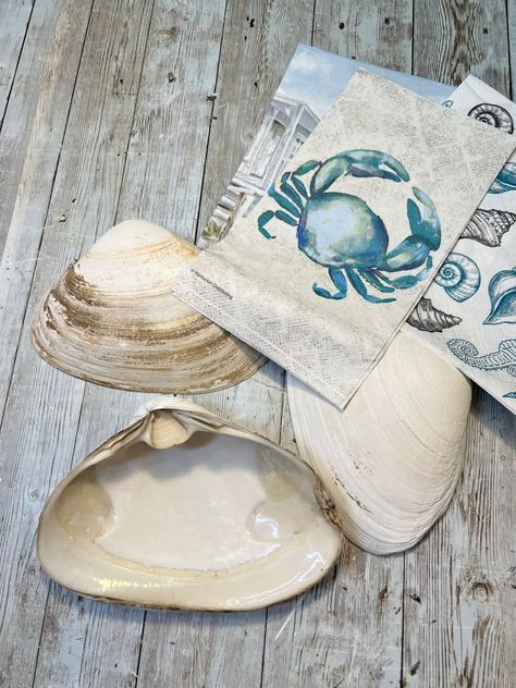 DIY Decoupaged Shells - Creating Through Chaos Beach House Crafts Diy, Mod Lodge Oyster Shells, Crafts With Olive Shells, Decoupaged Sea Shells, Clam Shell Ornaments Diy, Clam Shell Decoupage, Shell Decoupage Diy, Decoupage Shell Ornaments, Modge Podge Oyster Shells