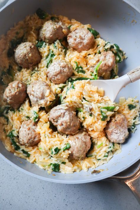 LEMON BASIL TURKEY MEATBALLS & CREAMY RICE Lemon Garlic Chicken Thighs, Meatballs And Rice, Weekly Recipes, Protein Packed Meals, Creamy Rice, Lemon Rice, Lemon Basil, Grocery Haul, Soup Dinner