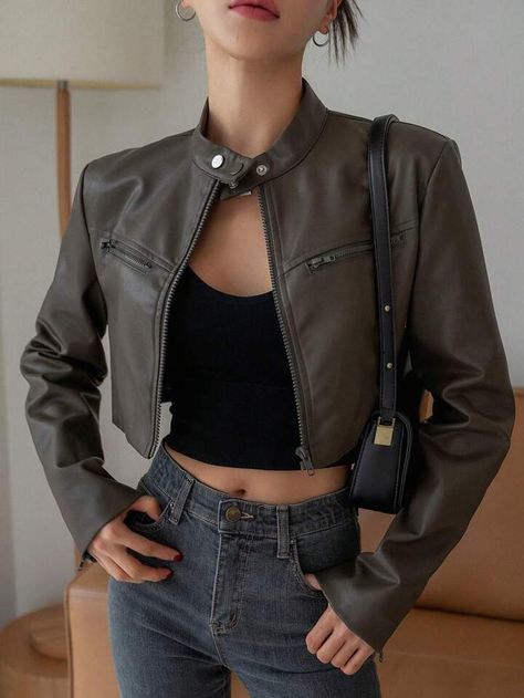 Cropped Jacket Outfit Casual, Gray Leather Jacket Outfit, Cropped Leather Jacket Outfit, Short Jacket Outfit, Cropped Jacket Outfit, Womens Cropped Jacket, Fashion Trousers, Crop Top Jacket, Grey Leather Jacket