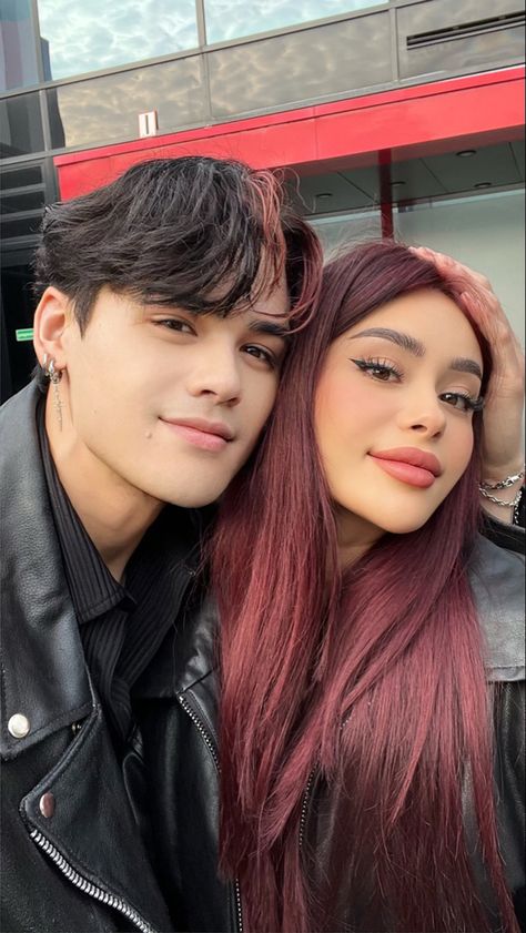 Couple goals love cute couple picture ideas aesthetic asian couple matching hair dyed hair kawaii anime inspired style Couple Hair Color Goals, Couple Hair Color, Hair Color Goals, Pelo Color Vino, Celebrity Yearbook Photos, Red Hair Looks, Celebrity Yearbook, Cherry Red Hair, Wine Hair