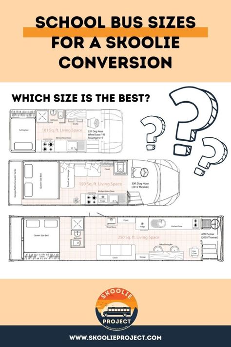 School Bus Sizes For A Skoolie Conversion Short Bus Camper Layout, Converted School Bus Floor Plans, Skoolie Conversion Floor Plans, School Bus Conversion Plans, Short Bus Conversion Layout, Mini Skoolie, Mini School Bus Conversion, Bus Layout, Schoolie Conversion