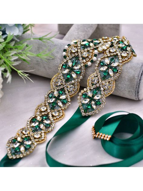 1pc Green Sapphire Wedding Party Belt, Bridal Accessory, Suitable For Banquet & GatheringI discovered amazing products on SHEIN.com, come check them out! Gold And Green Bridal Party, Emerald Green And Gold Wedding, Slytherin Wedding, Summer Fall Wedding, Hunter Green Wedding, Jeweled Wedding Dress, Bridal Belts, Viking Wedding, Emerald Green Weddings