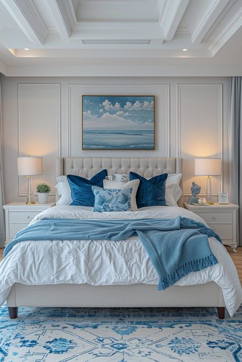 29 White Bedroom Ideas 28 Bedroom Inspirations Blue And White, Blue Aesthetic Bed, Bathroom Inspiration Blue, Blue Bathroom Ideas Decoration, Blue Bathroom Inspiration, Blue And White Bathroom Ideas, Bathroom Tiles Blue, White And Blue Bedroom, Bathroom Vanity Blue