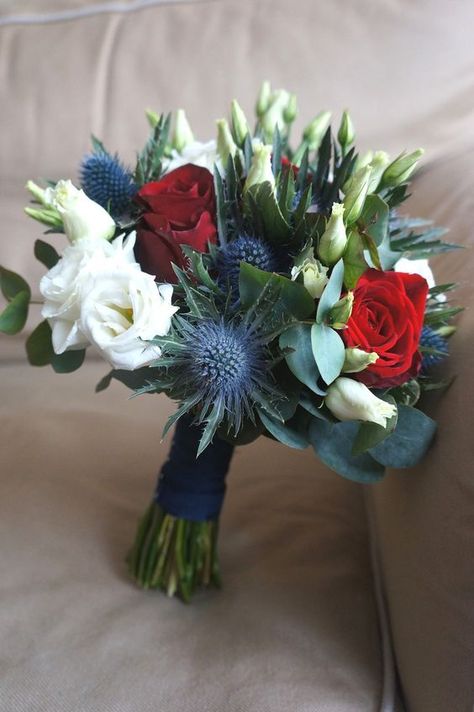 Red White And Blue Bridal Bouquet, Red Rose And Thistle Bouquet, Red White Blue Bouquet, Red And Blue Flower Arrangements, Red White And Blue Wedding Flowers, Red White And Blue Flower Arrangements, Prom Flowers Bouquet Red Dress, Red Prom Flowers Bouquet, Red And Blue Bouquet