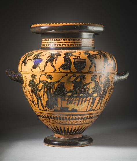 Stamnos with Reclining Banqueters and Revelers Michigan Painter (attributed to the) (Greece, active circa 500 B.C.) Greece, Attica, circa 500 B.C. Furnishings; Serviceware Black-figure ceramic with added red and white Height: 13 7/16 in. (34.13cm); Diameter: 11 in. (28.0 cm) William Randolph Hearst Collection (50.8.2) Greek, Roman and Etruscan Art Ancient Vase, Ancient Greek Pottery, Istoria Artei, Ancient Greek Art, Greek Pottery, Greek Vases, Black Figure, Flute Music, Ancient Pottery