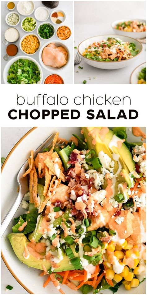 This delicious restaurant-quality Buffalo Chicken Salad Recipe is packed with flavor and tons of healthy ingredients like crunchy veggies, avocado, chopped chicken, and crumbled bleu cheese. Drizzled with creamy buffalo sauce and ranch dressing, it’s the perfect main dish salad or game-day side dish. Creamy Chopped Chicken Salad, Buffalo Ranch Dressing Recipes, Buffalo Chicken Chopped Salad, Easy Buffalo Chicken Salad, Grilled Buffalo Chicken Salad, Sides For Buffalo Chicken, Buffalo Chicken Salad Healthy, Pulled Chicken Salad, Healthy Buffalo Chicken Salad