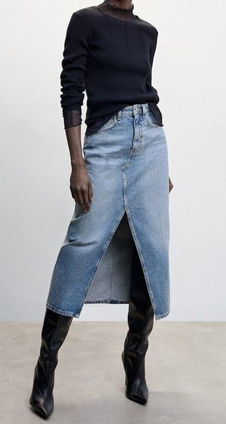 Jean Skirt Outfits, Denim Skirt Outfits, Midi Denim, Mode Boho, Denim Skirt Women, Mode Casual, Looks Street Style, Denim Midi Skirt, Jeans Rock