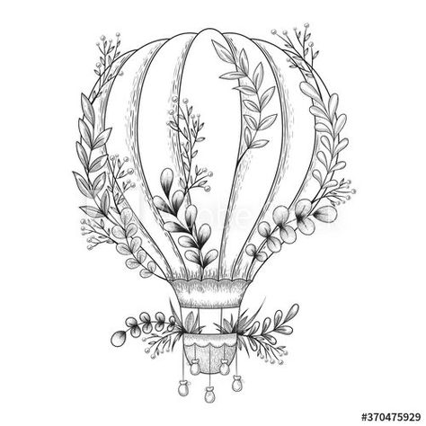 Hot Air Balloon Drawing, Hot Air Balloon Tattoo, Air Balloon Tattoo, Balloon Tattoo, Boho Art Drawings, Kawaii Tattoo, Body Tattoo, Hand Drawn Vector Illustrations, Sketches Simple