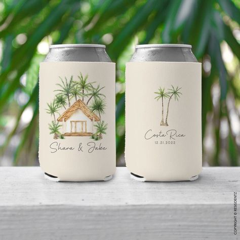 "These Tropical Island Bungalo Can Coolers are the perfect destination wedding favor to Treat your wedding guests with vibrant can coolers to remind them of your special day. Perfect memento for an beachy summer wedding. Customize the text with names, date and location! Please leave us all of your custom text requests within the note attached to your order!  Example:  Side One: Desirée & Marc Side Two: Miami 12.31.2023 Leave date you need in hand so that we can mark your order internally, so tha Wedding Party Favors For Guests Destination Wedding, Tropical Wedding Gifts For Guests, Tropical Welcome Bags, Wedding Favours Destination Weddings, Tropical Wedding Party Favors, Hawaii Wedding Favors, Nautical Wedding Seating Chart, Tropical Destination Wedding Decor, Key West Wedding Favors