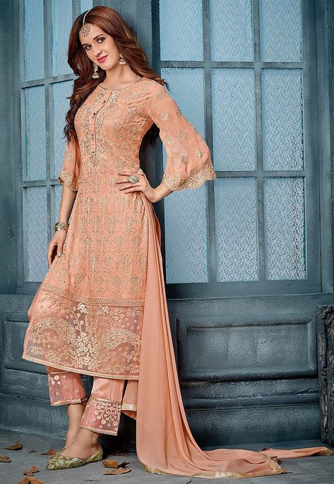 Celana Fashion, Peach Colour, Georgette Tops, Shopping Clothes, Designer Salwar, Utsav Fashion, Embroidered Pants, Georgette Dress, Designer Salwar Suits