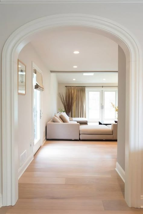 Trimmed Archway, Arch Ways In Home, Archway Trim, Arch Hallway, Archway Molding, Archways In Homes, Arched Interior Doors, Arch Entryway, Arch Trim