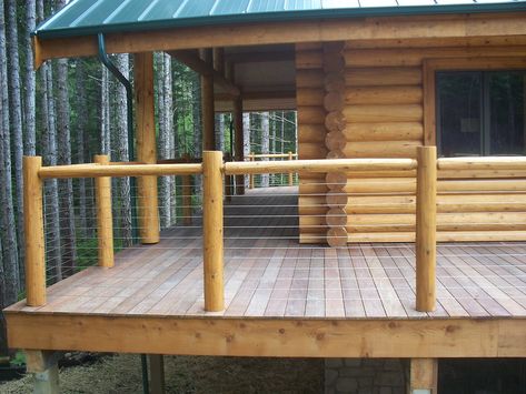 Stairs & Railings Gallery #1 - Creasey Log Homes Log Home Deck Ideas, Log Home Deck Railing Ideas, Cabin Porch Railing, Wood Stairs Railing, Log Stairs, Porch Railing Ideas, Rustic Deck, Deck Rails, Porch Railing Designs