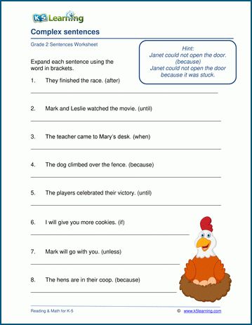 Complex sentences worksheet | K5 Learning Simple And Complex Sentences, Teaching Fables, Sentences Kindergarten, Complex Sentences Worksheets, Writing Sentences Worksheets, Sentences Worksheet, 2nd Grade Grammar, Grammar Sentences, Writing Sentences