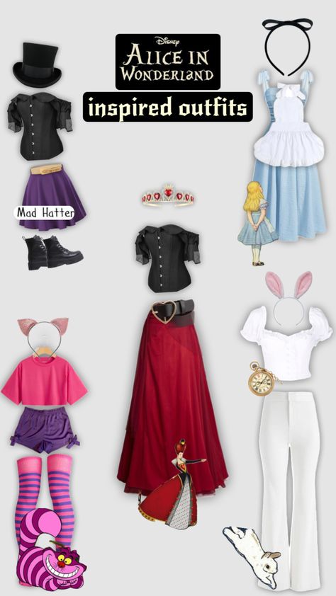 alice in wonderland inspired outfits! #fyp #aliceinwonderland #alice #outfitinspo #outfit #cheshirecat #madhatter #queen #queenofhearts #whiterabbit #rabbit #cosplay #halloween Wonderland Inspired Outfits, Alice In Wonderland Inspired Outfits, Wonderland Outfit, Rabbit Cosplay, Alice In Wonderland Inspired, Cosplay Halloween, Inspired Outfits, Alice In Wonderland, Queen