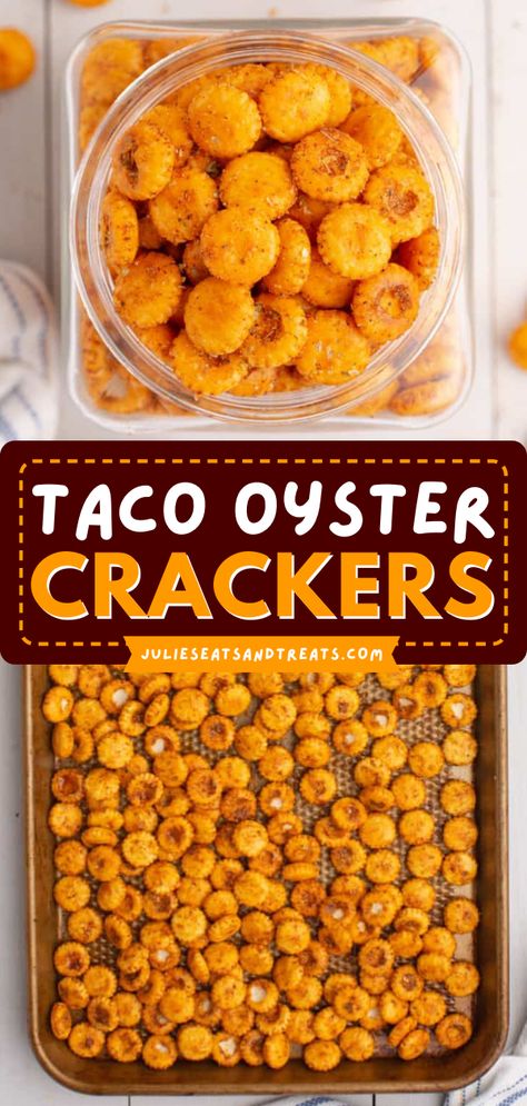 An easy game day appetizer in just 30 minutes! This seasoned crackers recipe is the perfect addition to your Super Bowl party. Wonderfully crunchy and deliciously spicy, these Taco Oyster Crackers are an addicting football food! Savory Oyster Crackers Recipe, Salty Party Snacks Appetizers, Seasoned Club Crackers, Snacks For Men At Work, Recipes With Oyster Crackers, Snacks For Party Finger Food Easy, Club Crackers Recipes, Togo Snack Ideas, Food To Bring To The Lake