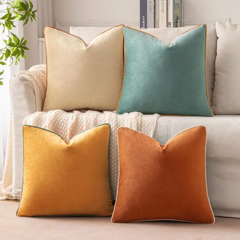 PRICES MAY VARY. Velvet MATERIAL: Made of premium velvet, soft to the touch and comfortable to lay on. Includes 1 yellow velvet pillow cover + 1 teal velvet pillow cover+ 1 orange velvet pillow cover + 1 beige velvet pillow cover, 18 x 18 inches (approx.45 cm). Pillow inserts NOT INCLUDED. COLOR BLOCK DESIGN:One set has 2 different colors with a contrast piping edge design to create multiple styles. The different color design can help you create a variety of styles for your home. HIDDEN ZIPPER:I Cream Couch Colorful Pillows, Blue And Burnt Orange Living Room, Modern Couch Pillows, Burnt Orange Living Room, Cozy Home Library, Pillows Living Room, Teal Living Rooms, Apartment Deco, Gold Throw Pillows