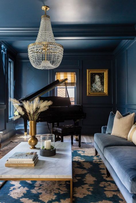 A formal sitting room receives a dramatic, head-to-toe dressing of bottomless blue-green. Design: The Fox Group Photo: Lindsay Salazar Grand Piano Living Room, Grand Piano Room, Piano Room Decor, Piano Living Rooms, Parlor Room, Piano Room, Casa Vintage, Grand Piano, Blue Living Room