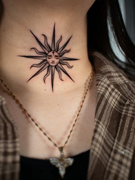 Moon And Sun Neck Tattoo, Spiritual Throat Tattoo, Sun Throat Tattoo, Sunflower Throat Tattoo, Moth Sun Tattoo, Tattoo Frau, Throat Tattoo, Self Love Tattoo, Tattoo Prices