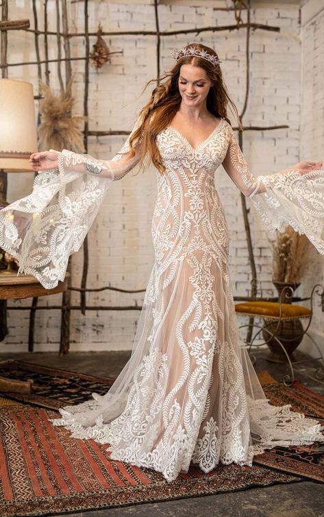 All Who Wander Lenox | Gypsy-inspired wedding dress with flared bell sleeves | Long-sleeve wedding dress | Gypsy wedding dress | Boho wedding dress | Wide keyhole back | Flowing train | Lace and tulle | K&B Bridals Boohoo Wedding Dress, Boohoo Wedding, Bell Sleeve Wedding Dress, Wedding Dresses Australia, Bolo Barbie, Boho Wedding Gowns, Kleinfeld Bridal, All Who Wander, Wedding Boho