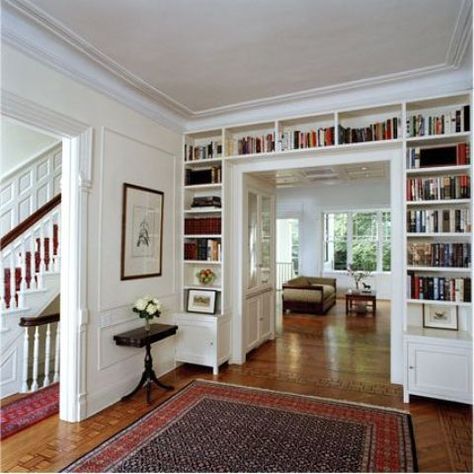 Entryway With Office And Dining Room, Dividing Dining Room From Living Room, Bookcases As Room Dividers, Bookshelf Entryway Ideas, Library In Dining Room, Bookshelf Room Divider Ideas, Dining Room Bookcase, Bookcase Room Divider Ideas, Entryway Bookshelf