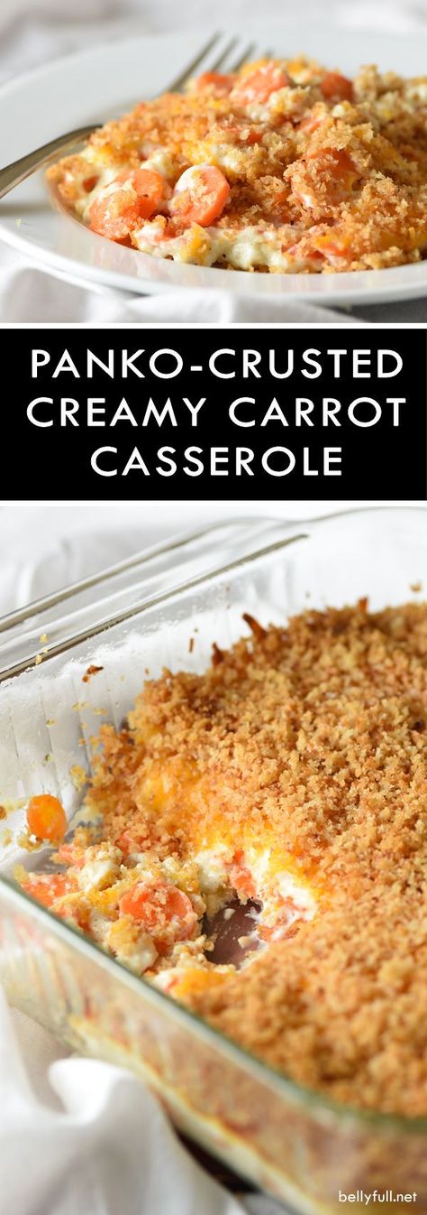 This Panko-Crusted Creamy Carrot Casserole will become your new favorite side dish! Made with carrots, a seasoned cream sauce, cheddar cheese, and topped with buttery breadcrumbs. Carrot Recipes Side Dishes, Carrot Casserole, Sauce Cheddar, Carrot Dishes, Desserts Vegan, Carrot Recipes, Veggie Side Dishes, Favorite Side Dish, Thanksgiving Side Dishes