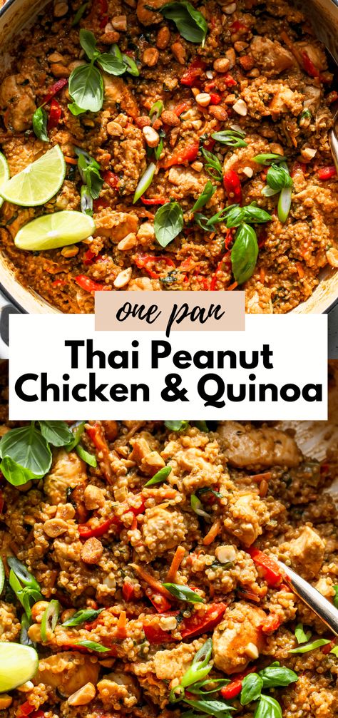 Thai Peanut Chicken with Quinoa and Basil is a one-pan meal perfect for busy weeknights. Featuring sautéed chicken and colorful veggies in a rich peanut sauce with lots of fresh herbs. Protein-packed and filled with good-for-you nutrients. Chicken Quinoa Recipes, Chicken With Quinoa, Quinoa Recipes Dinner, Chicken And Quinoa, Sautéed Chicken, Colorful Veggies, Thai Peanut Chicken, Chicken Quinoa, Thai Peanut