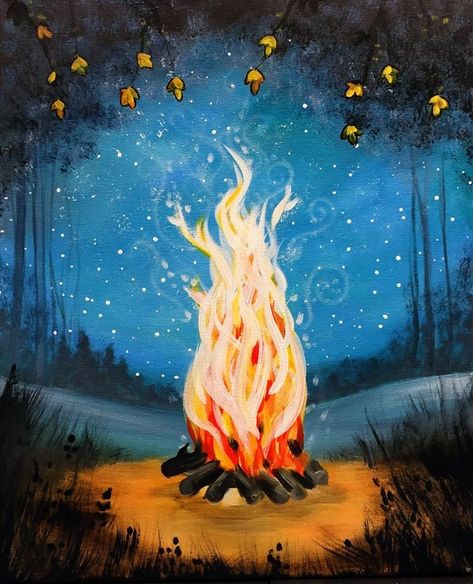 Fantasy Diamond, Easy Canvas Painting, Camp Fire, Paint And Sip, Painting Gallery, Painting Tutorials, Night Painting, Painting Tips, Large Painting