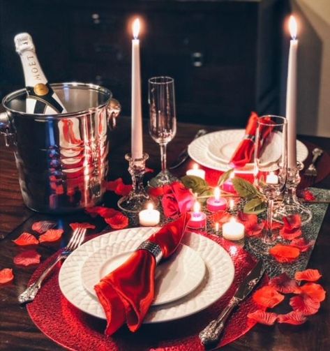 Romantic Dinner - light the romantic candles, spread the rose petals and get cooking together! Romantic Dinner Tables, Romantic Dinner Setting, Romantic Decorations, Romantic Dinner Decoration, Romantic Table Setting, Dinner Box, Romantic Anniversary Gifts, Romantic Dinner For Two, Romantic Table