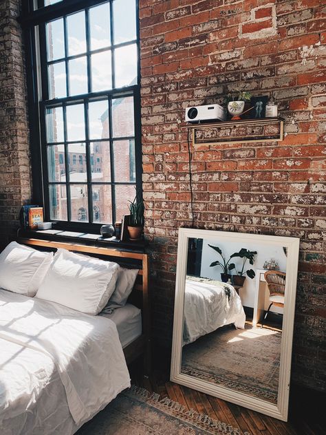 Bedroom Decor Brick Wall, Rustic Brick Bedroom, Exposed Brick Decorating Ideas, Brick Bedroom Aesthetic, Brick Room Aesthetic, Bedroom With Exposed Brick, Exposed Brick Bedroom Ideas, Brick Wall Apartment Aesthetic, Brick Wall Bedroom Decor