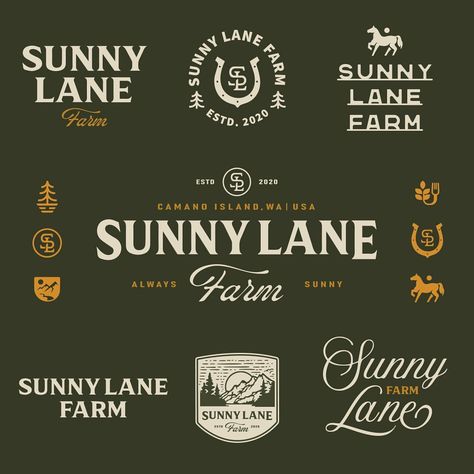 The visual identity for Sunny Lane Farm on Camano Island, USA. From small gatherings to grand events, this beautiful located place is set… | Instagram Homestead Branding, Country Brands, Masculine Branding, Farm Logo Inspiration, Website Branding Inspiration, Brewery Logo Design, Outdoor Branding, Brewery Logo, Camano Island