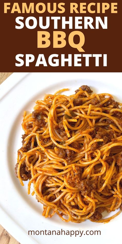 THE BEST BBQ Spaghetti Recipe | Montana Happy Southern Ground Beef Recipes, Ground Beef And Bbq Sauce, Bbq Spaghetti, Southern Bbq, Southern Recipe, Homemade Bbq Sauce, Dinner Pasta, Baked Recipes, Rustic Recipes