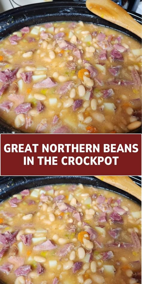 Enjoy the simple, wholesome flavors of our Great Northern Beans cooked slowly in the crockpot. A versatile, healthy side dish that's perfect with any meal. Ham And Northern Beans, Great Northern Beans And Ham, Crockpot Ham And Beans, Beans Recipe Crockpot, Beans And Ham, Dry Beans Recipe, Beans In Crockpot, Crockpot Ham, Soup Beans