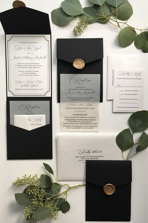 This custom wedding invitation suite has a unique border, beautiful digital calligraphy, and the smoothest black Pocket Fold.  The perfect little detail of metallic paper and shimmer vellum create a beautiful combo. #pocketfoldweddinginvitations #pocketfold Black Aesthetic Wedding Invitations, Black Vellum Invitation, 3 Fold Wedding Invitations, Black Themed Wedding Invitations, Folder Wedding Invitations, Wedding Black Invitation, Small Wedding Invitation Card, Black Wedding Invitation Suite, Matte Black Wedding Invitations